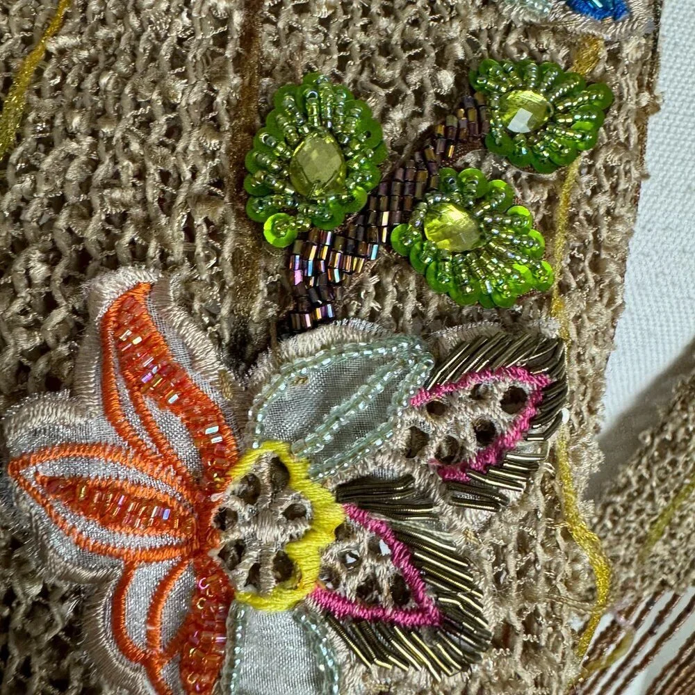 Vintage 90s Beaded Embroidery Art Long Scarf Fringe